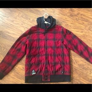 Snap button, hooded, lightweight jacket.